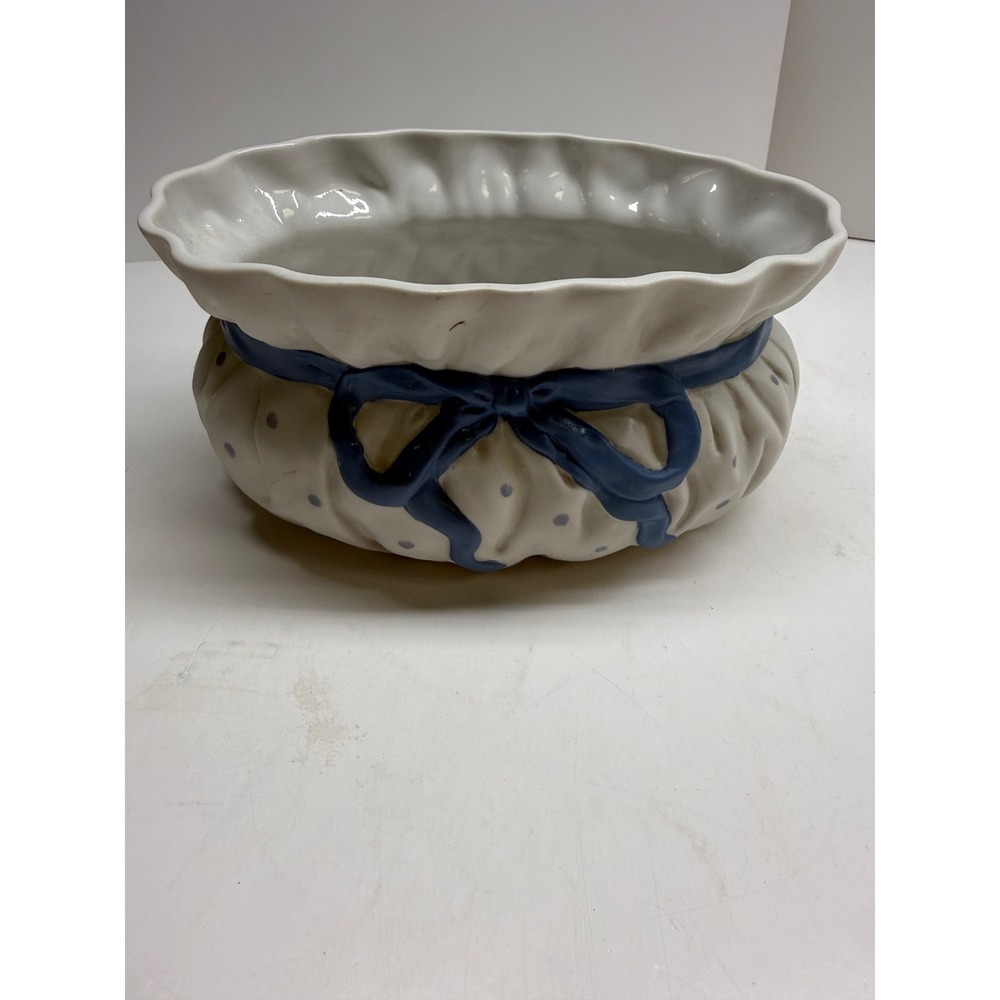 Vintage 1991 FTD Ceramic Planter White Blue Polka Dot Bow Ruffle Gathered Bag